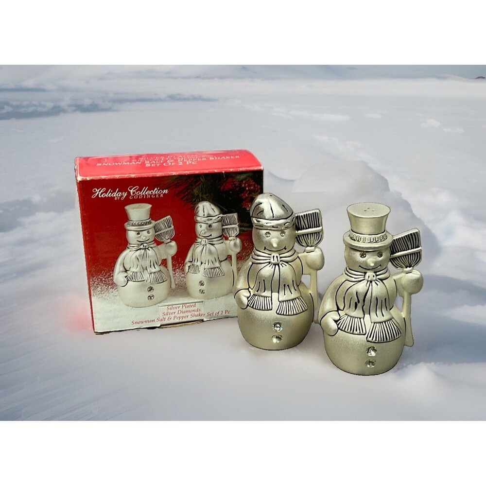Godinger Silver Plated Snowman Salt & Pepper Shakers Silver Diamonds Christmas